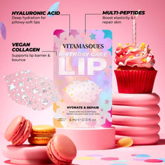 Vitamasques Birthday Cake Lip Mask provides deep hydration for dry lips.