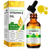 Vitamin E Oil bottle close-up, showing pure vegan formula for skin and hair