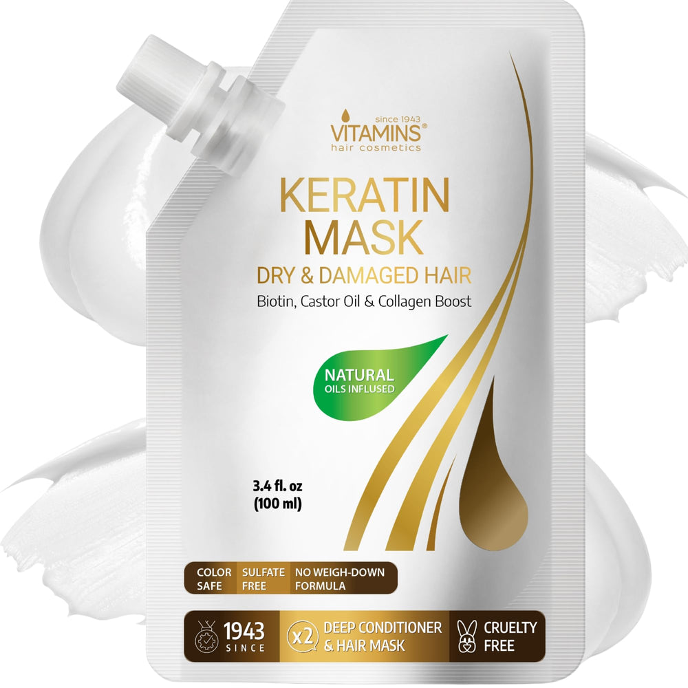VITAMINS Keratin Mask bottle pouring reinforces at-home conditioning.