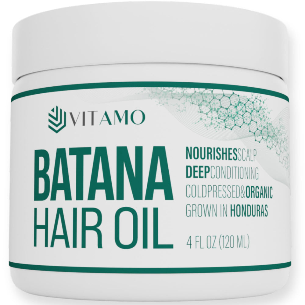 Vitamo Batana oil bottle shows pure cold-pressed formula for scalp care and shine.