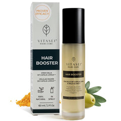 Vitasei Hair Booster bottle close-up showing sleek serum packaging for daily nourishment.