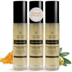 Vitasei Hair Booster bottle pouring, showcasing nourishing serum for roots.