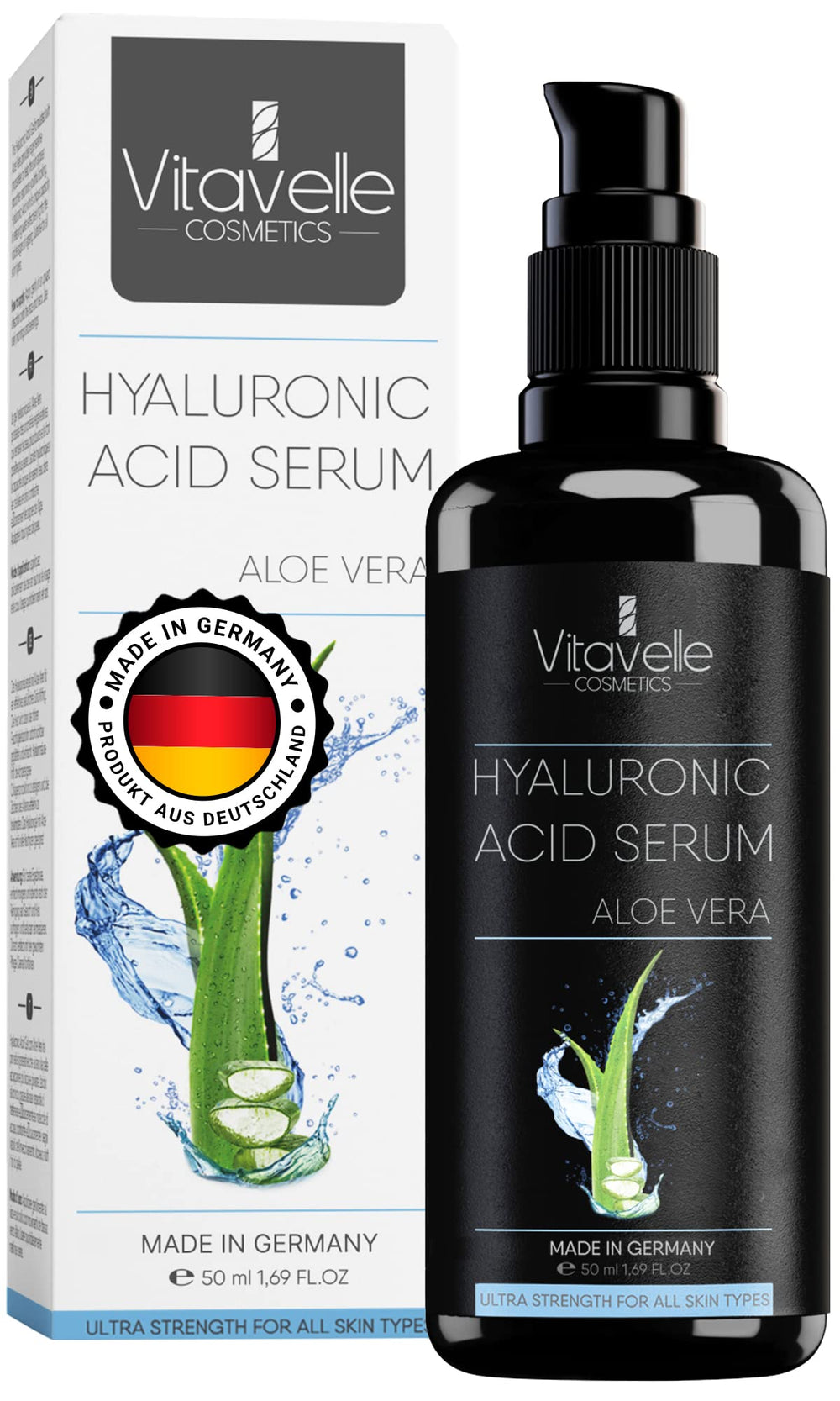 Vitavelle Hyaluronic Serum bottle closeup for deep hydration.