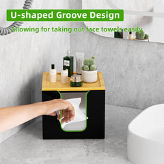 VITVITI bamboo lid adds discreet storage for small makeup items beside towels.