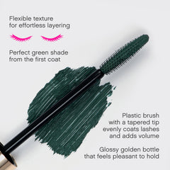 Vivienne Sabó Cabaret Premiere Green Mascara brush detail highlights lightweight formula and smudge resistance.