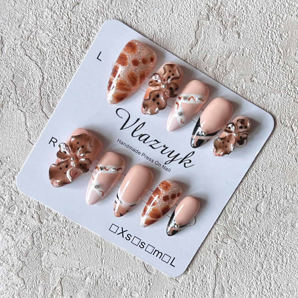 Vlazryk 3D nails with brown French tip almond shape for everyday elegance and party-ready wear.