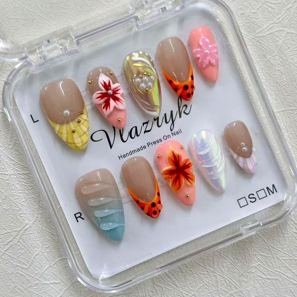 Vlazryk handmade press-on nails with luxury almond 3D flowers for elegant events