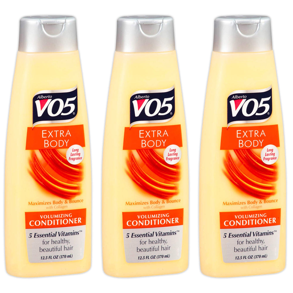 Alberto VO5 Extra Body conditioner bottle pour for lightweight volume and easy detangling.