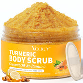 VOERUY turmeric body scrub bottle close-up for radiant skin