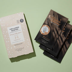 VOESH collagen gloves infused with argan oil and shea butter for softness.