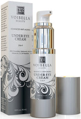 VOIBELLA Beauty Under Eye Cream bottle close-up, depuffing and hydrating formula visible.