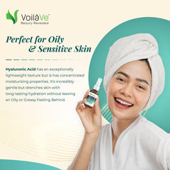 VoilaVe Hyaluronic Acid Serum dropper releasing a precise dose for quick absorption.