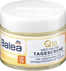 Volans Balea Q10 day cream jar close-up highlighting omega complex for skin resilience and moisture.