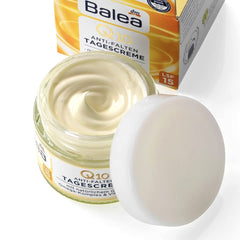 Volans Balea Q10 packaging shot showcasing vegan formula and microplastics-free claim.
