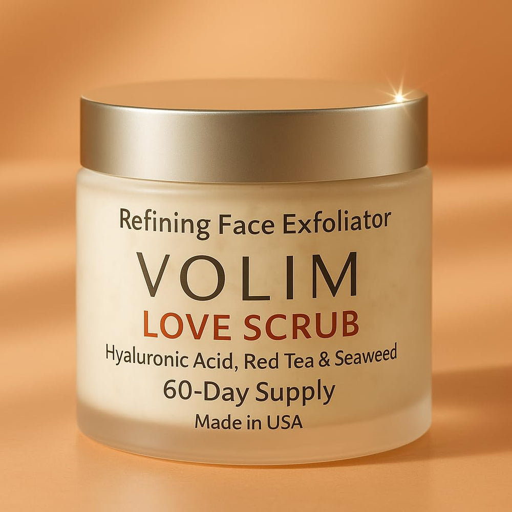 Volim Love Scrub with hyaluronic acid close-up demonstrating hydrating exfoliation.