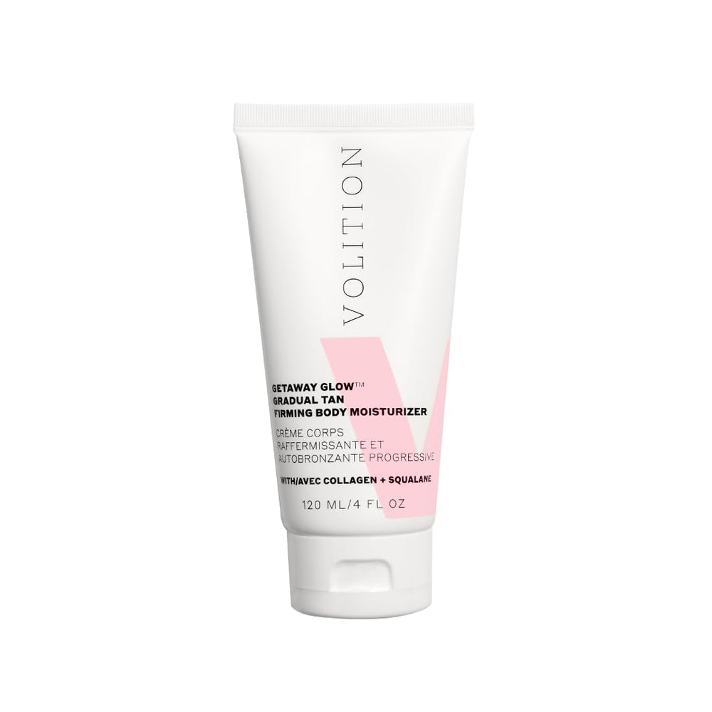 Volition Getaway Glow bottle with pump showing easy, quick-dry application.