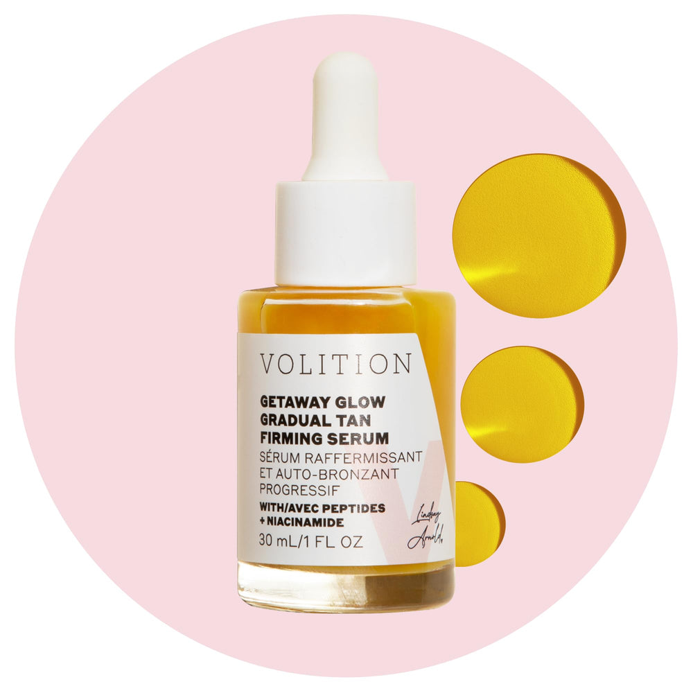 Volition Getaway Glow facial serum bottle with pump delivering hydration and gradual color.