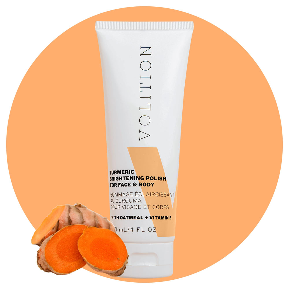 Volition Turmeric Brightening Polish bottle with exfoliating texture for radiant skin.