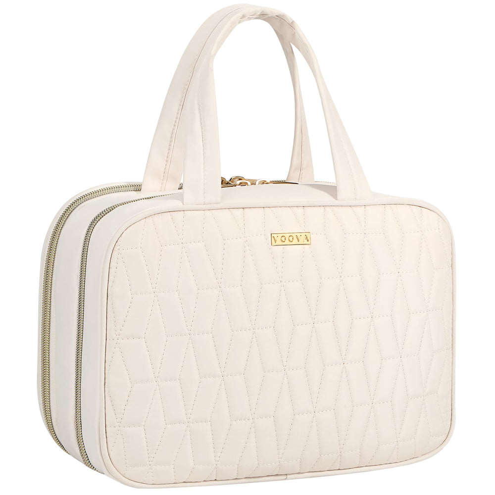 Voova hanging travel toiletry bag in beige for organized hotel bathroom access.