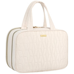 Voova hanging travel toiletry bag in beige for organized hotel bathroom access.