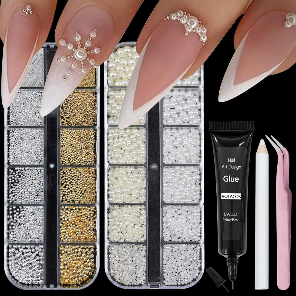 VOTACOS nail pearls bundle style A with decorative boxes for at-home manicure.