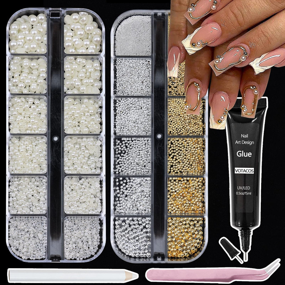 VOTACOS nails pearls with rhinestones and glue bottle for at‑home manicures