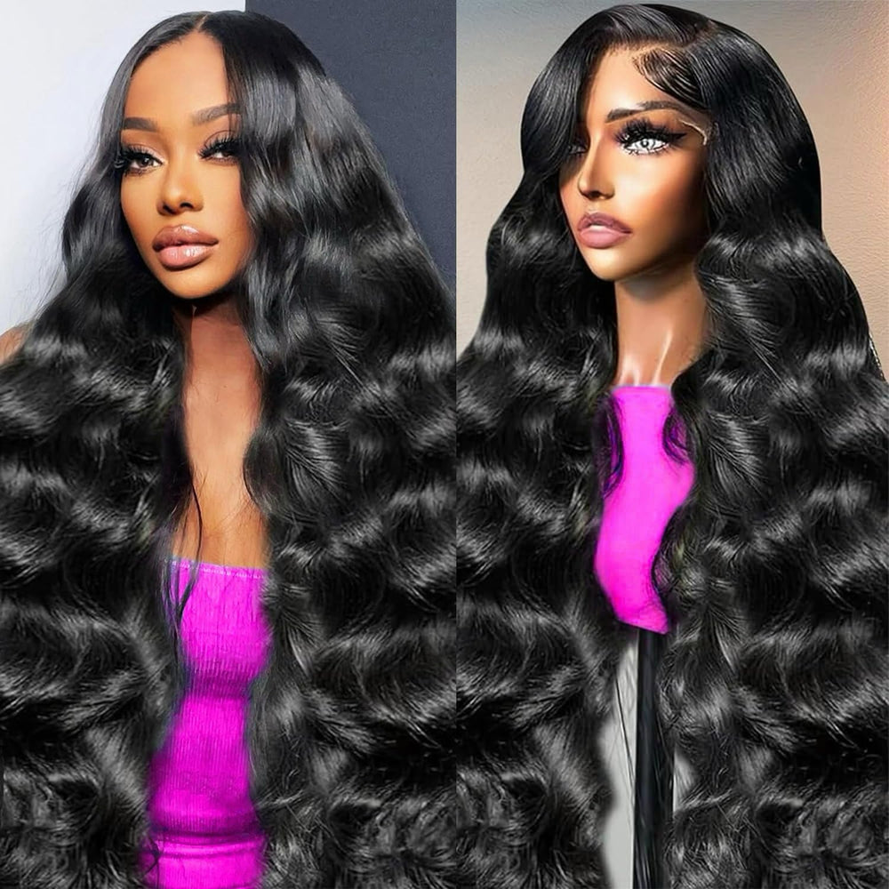 VQPPM body-wave lace front wig with 28-inch length and natural part.