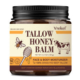 VREKEF beef tallow jar showing smooth, non-greasy skin nourishment.