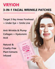 Vryioh under-eye patches shown on delicate area for hydration and puffiness reduction.