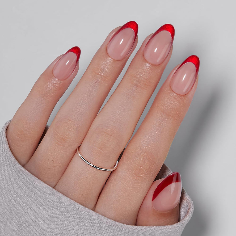 VSALON press-on nails short almond with red French tip kit for a chic manicure
