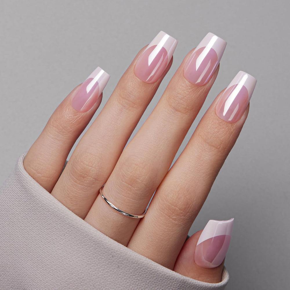 VSALON short coffin nails with pink tips and glazed chrome shine.