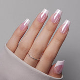 VSALON short coffin nails with pink tips and glazed chrome shine.