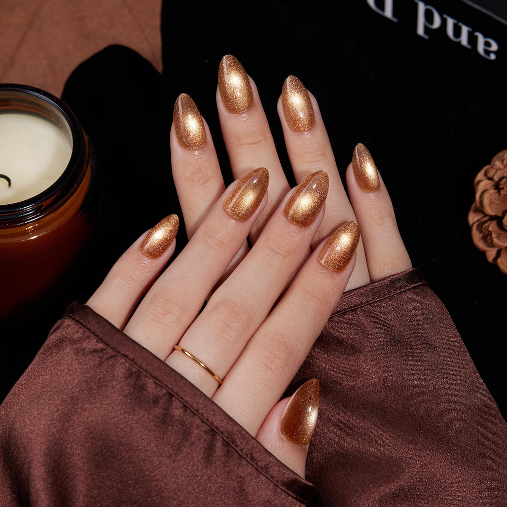 VSALON short almond brown cat-eye sparkle nails for an easy at-home manicure.
