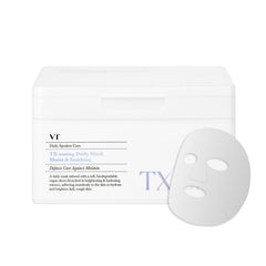 VT COSMETICS TX Toning Daily Mask close-up shows hydrating, plump skin for a refreshed look.