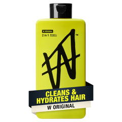W by Jake Paul 2-in-1 bottle highlighting a hydrating formula for fuller-looking hair.
