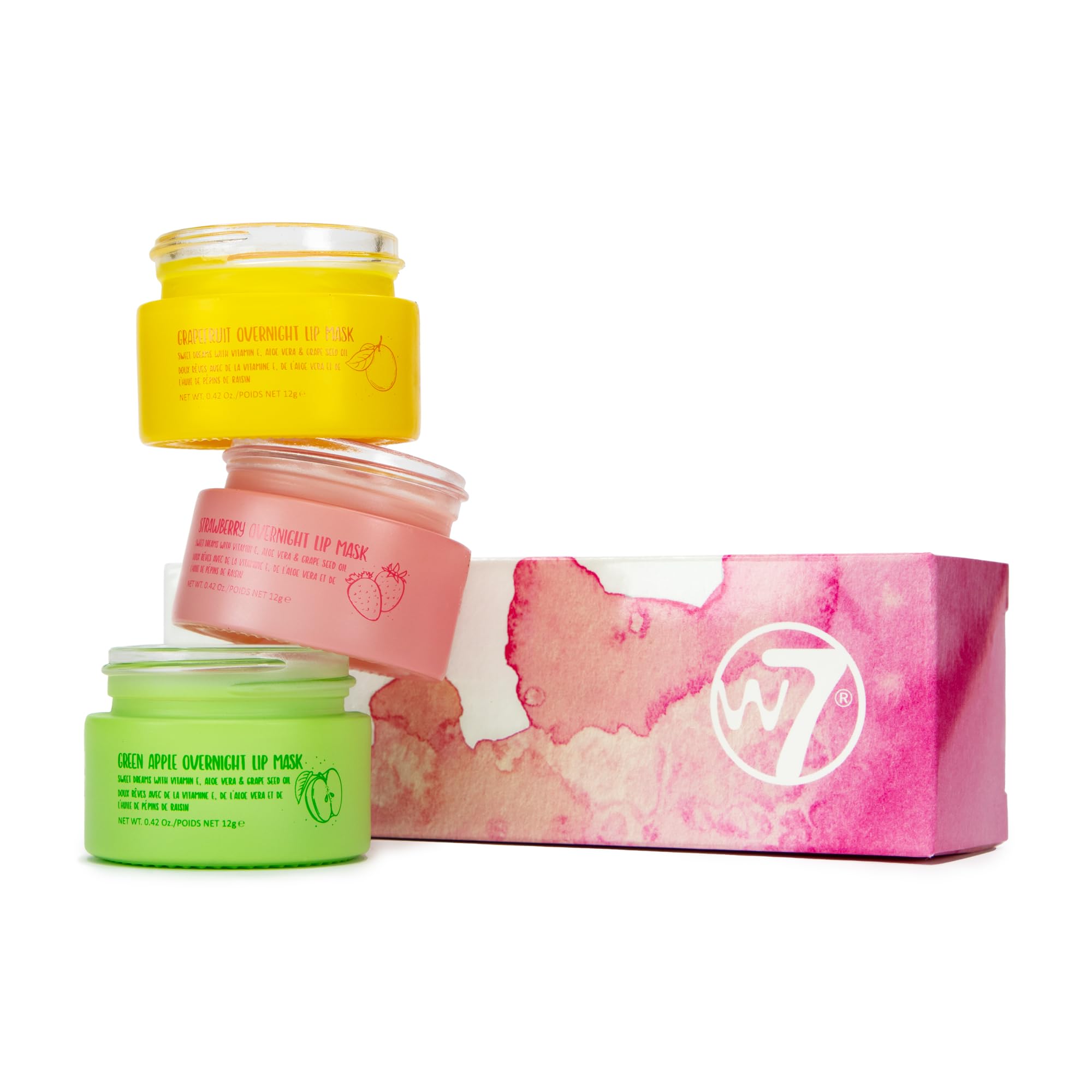 W7 Sweet Dreams mascarilla labial trío sabor fresa, para labios hidratados durante la noche.