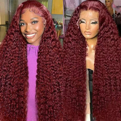 Waahr 30-inch burgundy deep wave lace front wig for dramatic, long-lasting volume.