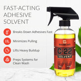 Close-up of C-22 label highlighting quick solvent action for hairpiece maintenance.