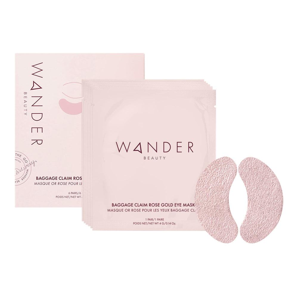Wander Beauty Baggage Claim rose gold foil under-eye patches brighten and hydrate delicate skin.