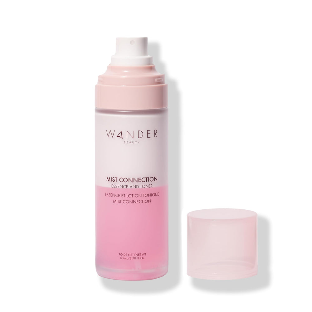 Wander Beauty Mist Connection bottle pour shows dual-phase hydration for balanced skin.