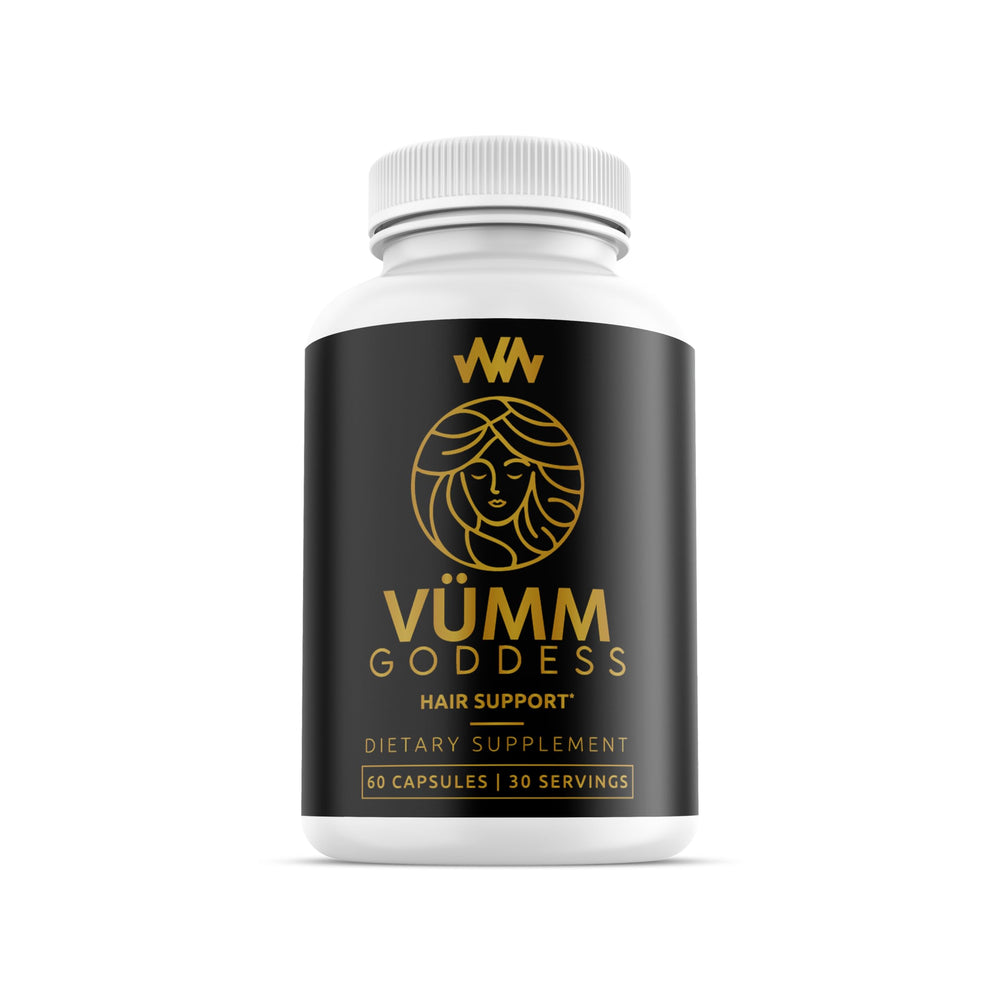 Warped Wellness Vumm Goddess bottle front for daily hair support.