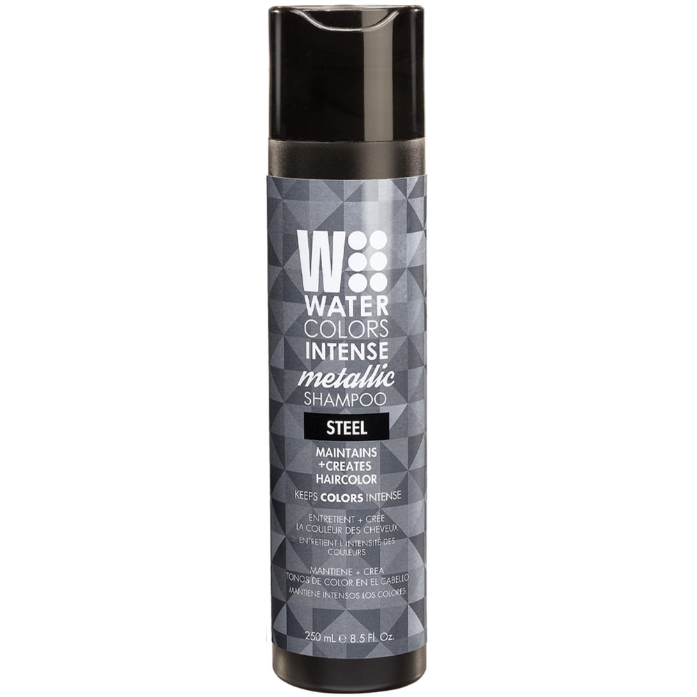 Watercolors INTENSE METALLIC steel bottle deposits color for vibrant hair.