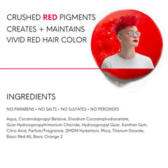 Watercolors Intense Red shampoo lather demonstrates cleansing and conditioning in one step.