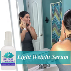 Watts Beauty hyaluronic serum texture close-up shows ultra-light formula for quick absorption.