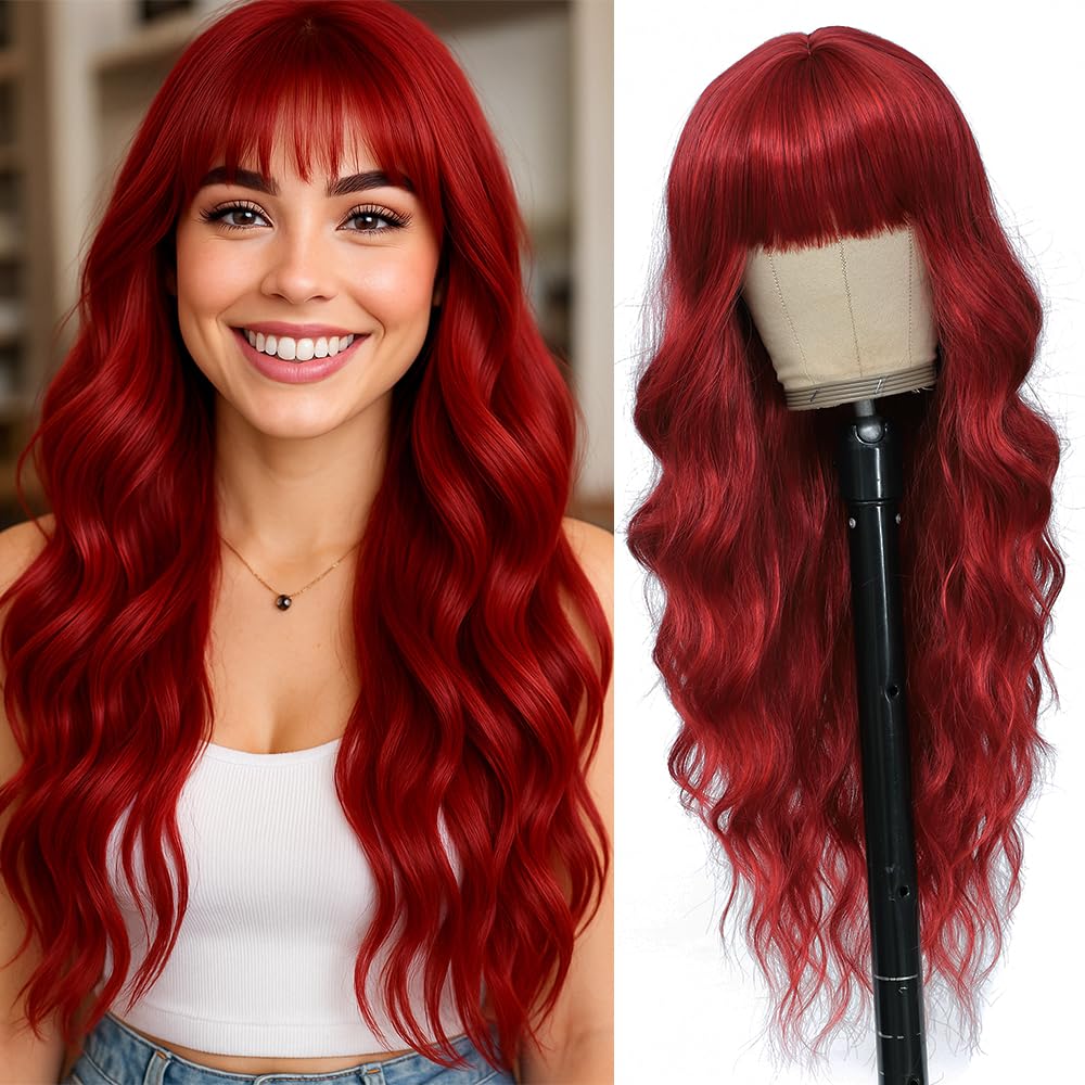 WAVE&BREEZE long red wig with bangs front view for everyday allure