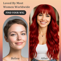 WAVE&BREEZE red wig bangs 26inch curls close-up showing texture