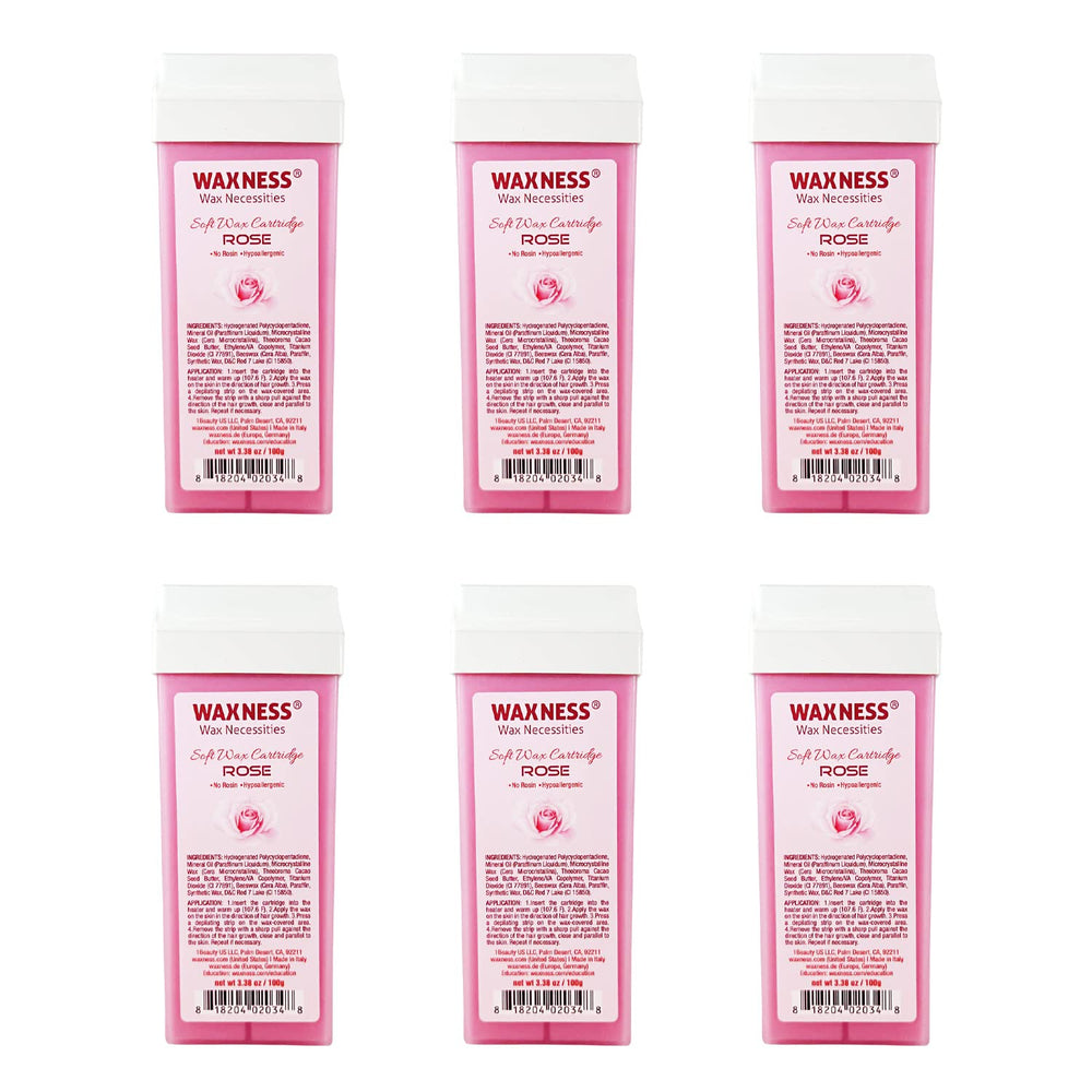 Wax Necessities Rose Soft Wax Cartridge 6-pack front label shows gentle formula for sensitive skin.