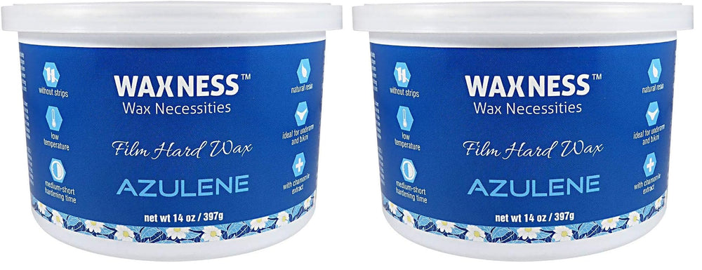 Wax Necessities Waxness Azulene stripless wax tin pack of 2 shown for professional use