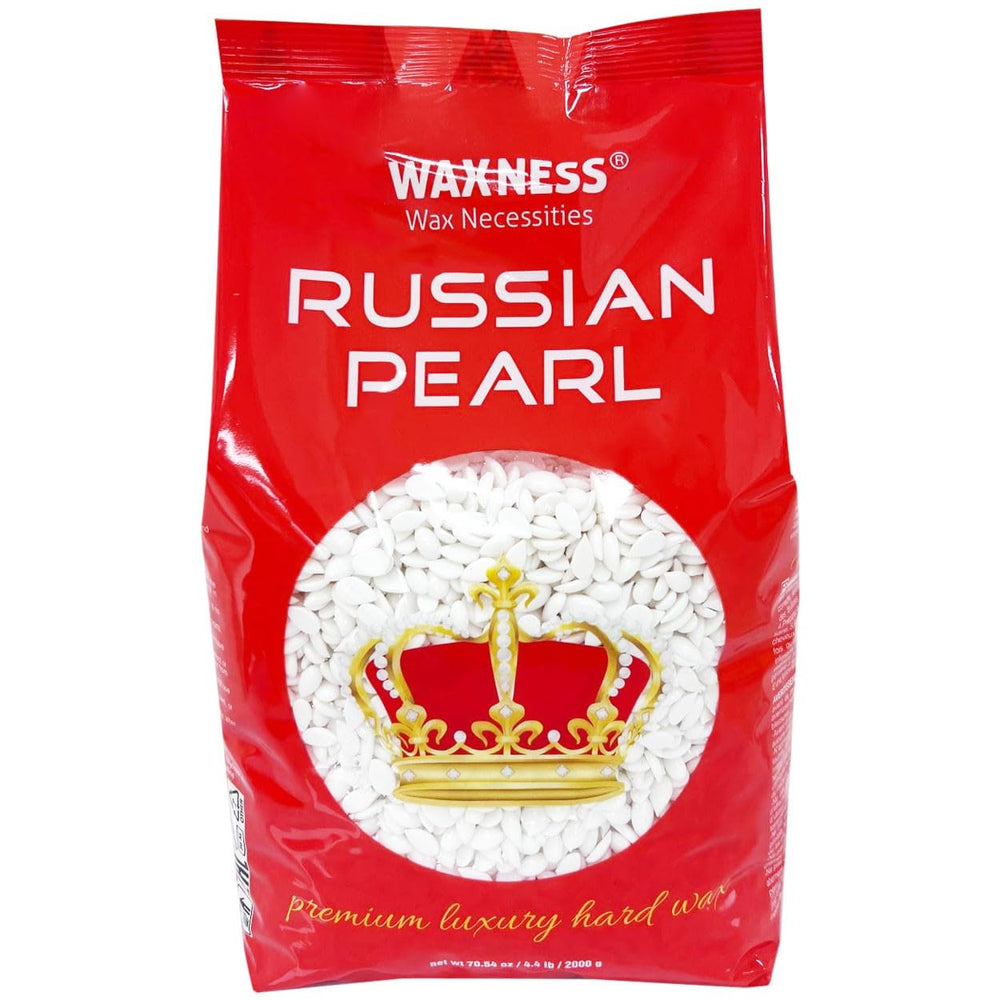 Waxness Russian Pearl hard wax beads pack shows rosins-free formula for gentle professional waxing.