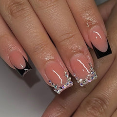 WBRRFJJ 24P black French tip nails with silver rhinestones for chic at-home manicure.